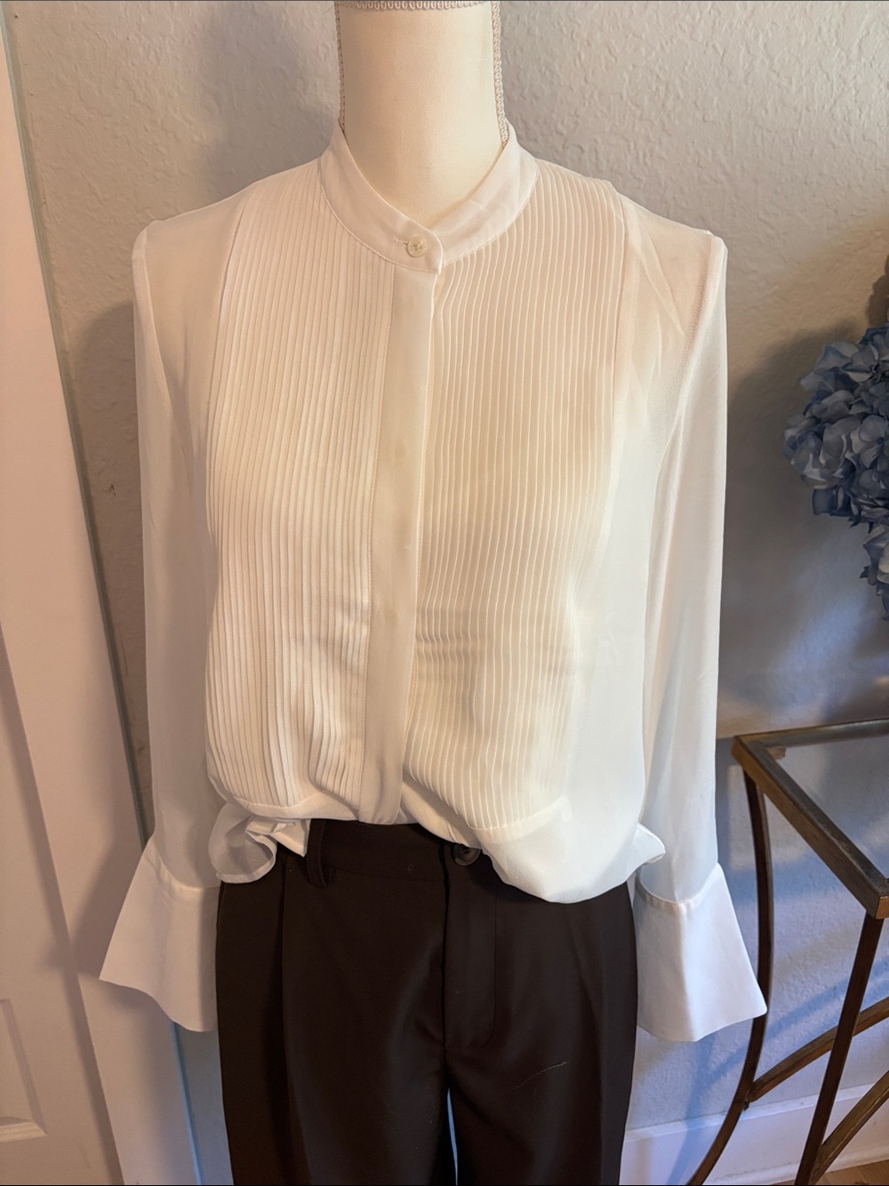 Banana Republic White Pleated Mandarin-Collar Blouse